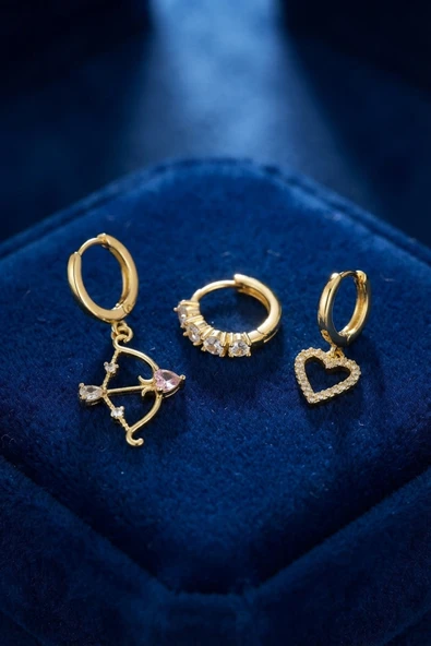 3 lü Set Küpe Gold Renk Eros Yay Detaylı ürün görseli 1