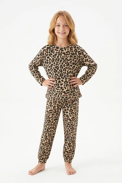 Kız Çocuk %100 Pamuk ve Rotasyon Desenli Pijama Takımı 3-8 Yaş 12743IS ürün görseli 1