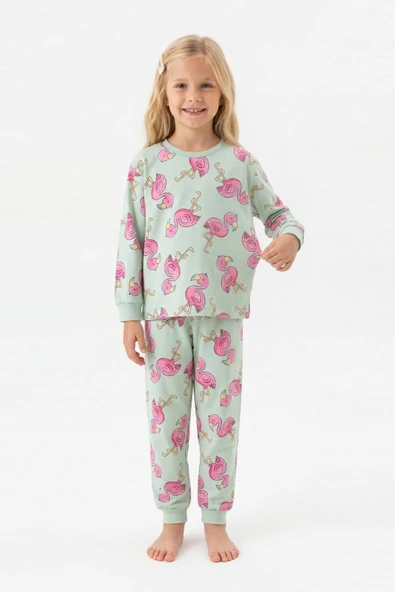 Kız Çocuk %100 Pamuk ve Filamingo Desenli Pijama Takımı 3-8 Yaş 12744IS ürün görseli 1