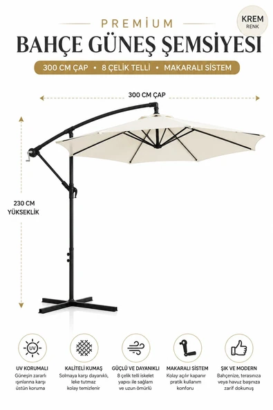 Krem renk Makaralı Balkon Teras Bahçe Şemsiyesi Çap 300 Cm/8 telli ürün görseli 1