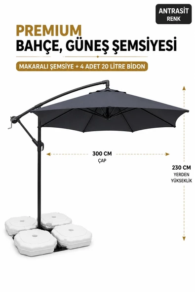 Bahçe, Güneş Şemsiyesi Antrasit renk 300 cm çap/8 telli ve 4'lü 20 lt bidon DAHİLDİR ürün görseli 1
