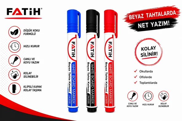 Fatih Beyaz Tahta Kalemi 3'lü Set Mavi Siyah Kırmızı Whiteboard Marker Silinebilir ürün görseli 1
