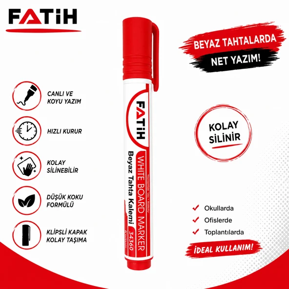 Fatih Kırmızı Beyaz Tahta Kalemi Whiteboard Marker Silinebilir Hızlı Kuruyan Düşük Kokulu ürün görseli 1