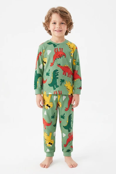 %100 Pamuk ve Dinazor Baskılı Erkek Çocuk Pijama Takımı 3-8 Yaş 12745IS ürün görseli 1