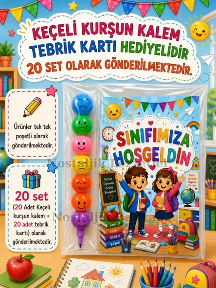 20 Adet Okula Yeni Başlayan Öğrencilere Sınıfımıza Hoşgeldin Yazılı Hediye Seti 1. Sınıf- Sene Başı Hatırası Keçeli Kalem Tebrik Kartı Hediyeli ürün görseli 1