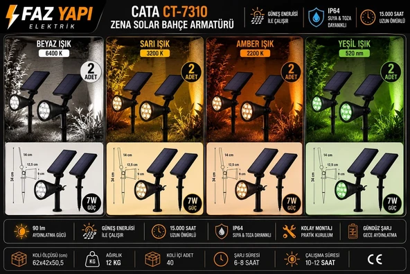 Cata CT-7310 Zena Solar Bahçe Armatürü 8’li Set (Beyaz + Sarı + Amber + Yeşil) Güneş Enerjili LED Bahçe Spotu IP64 Dış Mekan Aydınlatma ürün görseli 1
