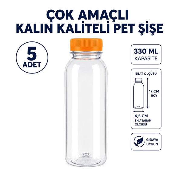 5 ADET Çok Amaçlı 330 ml Kapaklı Kaliteli Kalın Pet Şişe ürün görseli 1