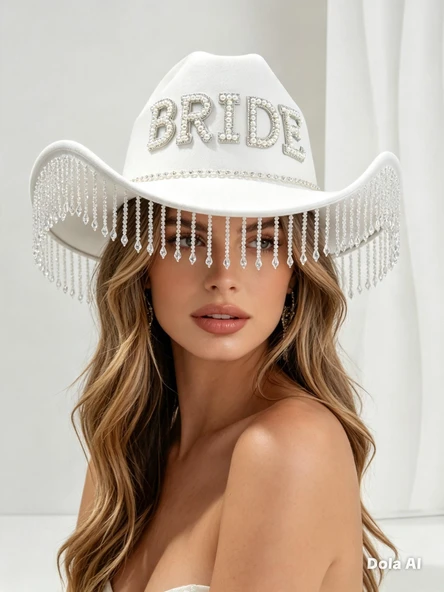 Valkyrie Bride Yazılı Beyaz Gelin Kovboy Şapkası Taşlı İncili Püsküllü Bekarlığa Veda Düğün Aksesuarı ürün görseli 1