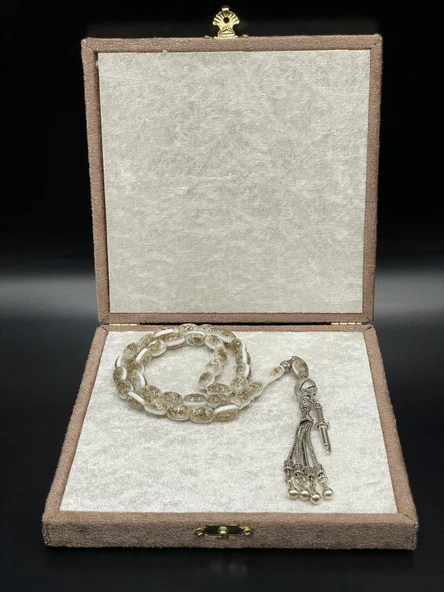 Onurlu Tesbihane Golden Rozalin Uçak Camı Tesbih Beyaz Sedef 8,5x12 mm Erkek Tesbihi ürün görseli 1
