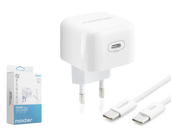 Type-c Hızlı Şarj Seti 45W Type-c Adaptörlü 1 M Örgülü Kablolu Beyaz ND1014 ürün görseli 1