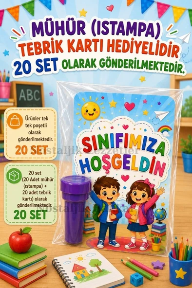 Sınıfımıza Hoşgeldin Yazılı 20 Adet Hediye Seti 1. Sınıf- Sene Başı Hatırası Mühür (Istampa) Tebrik Kartı Hediyeli ürün görseli 1