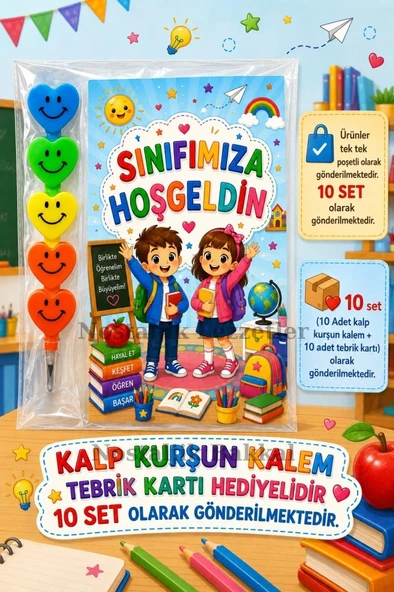 Okula Yeni Başlayan Öğrencilere Sınıfımıza Hoşgeldin Yazılı 10 Adet Hediye Seti Kalp Kurşun Kalem Tebrik Kartı Hediyeli ürün görseli 1