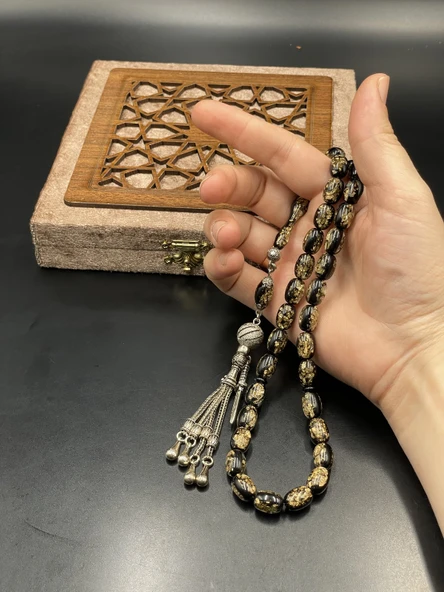 Onurlu Tesbihane Golden Rozalin Uçak Camı Tesbih Siyah 8x12 mm Erkek Tesbihi ürün görseli 1