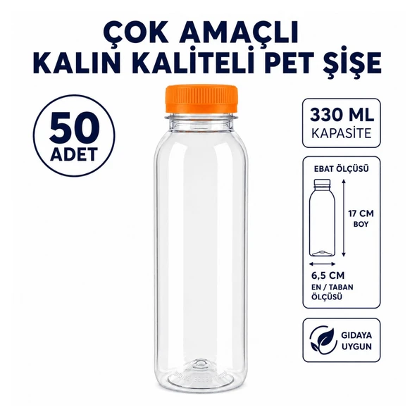 50 ADET Çok Amaçlı 330 ml Kapaklı Kaliteli Kalın Pet Şişe - Gıdaya Uygun ürün görseli 1