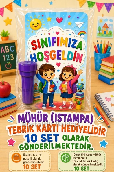 10 Adet Okula Yeni Başlayan Öğrencilere Sınıfımıza Hoşgeldin Yazılı Hediye Seti 1.Sınıf-Hatırası Mühür (Istampa) Tebrik Kartı Hediyeli ürün görseli 1