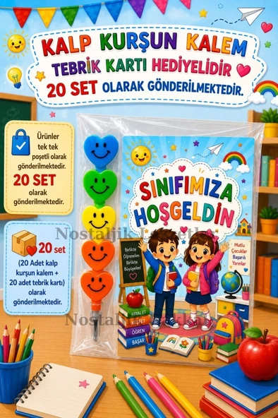 20 Set Sınıfımıza Hoşgeldin Yazılı Hediye Seti Kalp Kurşun Kalem Tebrik Kartı Hediyeli ürün görseli 1