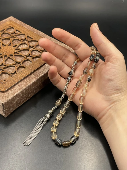 Onurlu Tesbihane Sıkma Kehribar Tesbih 7x11 mm Bal Duman Geçişli Erkek Tesbihi ürün görseli 1
