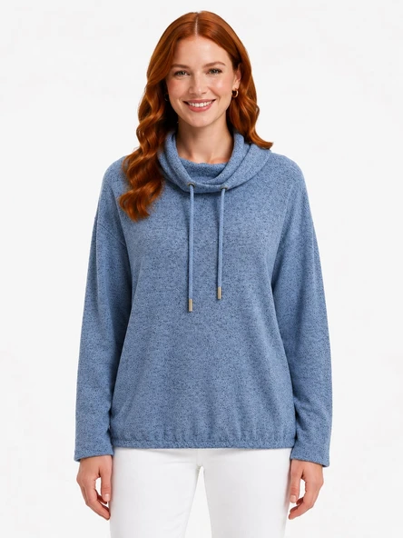 Kadın Salaş Rahat Triko Sweatshirt - Mavi ürün görseli 1
