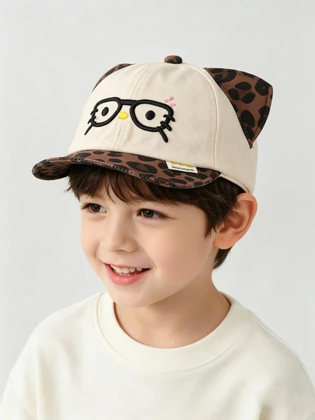 Valkyrie Unisex Çocuk Gözlüklü Kedi Kulaklı Şapka Bej Leopar Desenli Nakışlı Ayarlanır Yazlık Kep ürün görseli 1