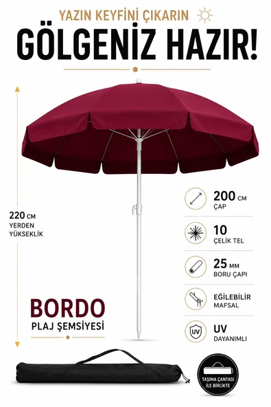 Bordo 200 cm çap/10 telli Plaj Şemsiyesi + Şemsiye Kılıfı, BİDONSUZ ürün görseli 1