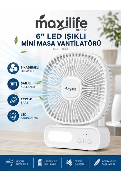 Breeze MG-5166F 6" Led Işıklı Şarjlı Mini Masa Vantilatörü 3 Kademeli USB Type-C ürün görseli 1