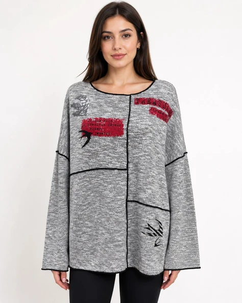 Kadın Oversize Yuvarlak Yaka Gri Bluz - Gri ürün görseli 1