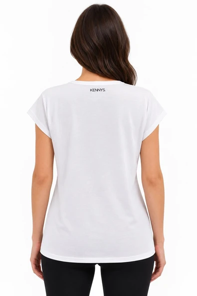 V Yaka Kadın Beyaz Basic T-Shirt - Beyaz - Resim 2
