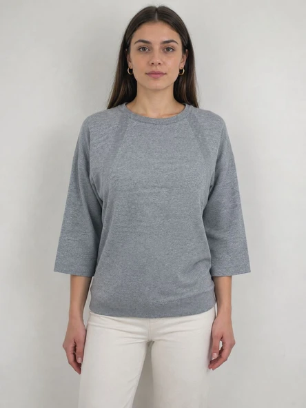 Kadın Gri Triko Regular Fit 3/4 Kol Kazak - Gri ürün görseli 1