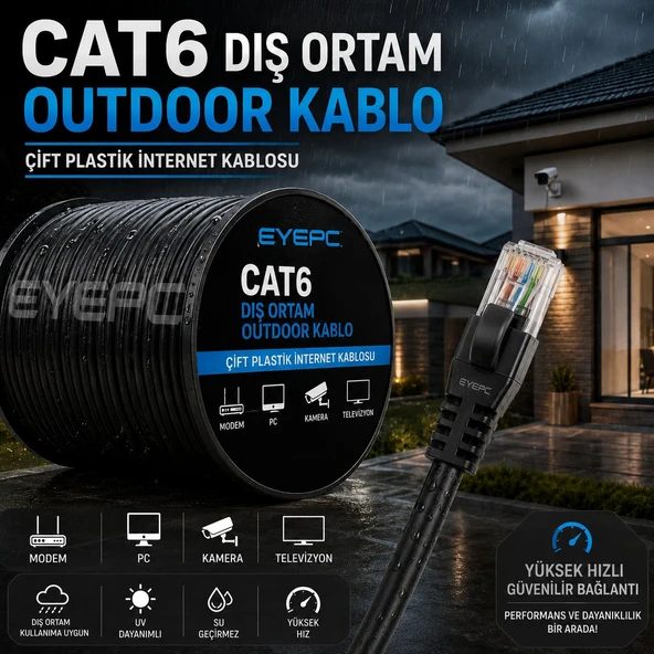 50 METRE CAT-6 KABLO DIŞ ORTAM OUTDOOR MODEM PC TELEVİZYON GÜVENLİK KAMERA UYUMLU UÇLARI TAKILI TEST EDİLMİŞ ürün görseli 1