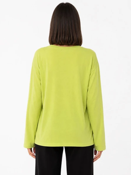 Kadın Oversize Basic Yeşil Uzun Kollu Bluz - Açık Yeşil - Resim 2