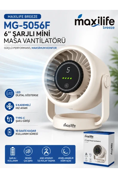 Breeze MG-5056F 6" Şarjlı Mini Masa Vantilatörü LED Göstergeli 5 Kademeli Hız Ayarlı ürün görseli 1