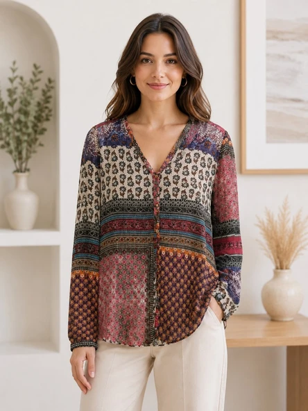 Kadın Çok Renkli Patchwork Gömlek ürün görseli 1