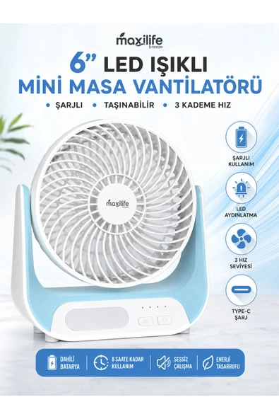 Breeze MG-5146F Şarjlı Mini Masa Vantilatörü LED Işıklı 3 Kademeli USB Type-C ürün görseli 1