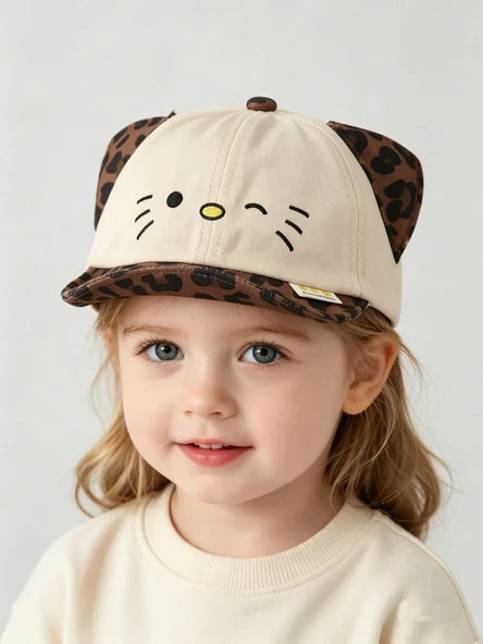 Valkyrie Unisex Çocuk Kedi Nakışlı Kulaklı Bej Şapka Leopar Desenli Ayarlanabilir Yazlık Kep ürün görseli 1