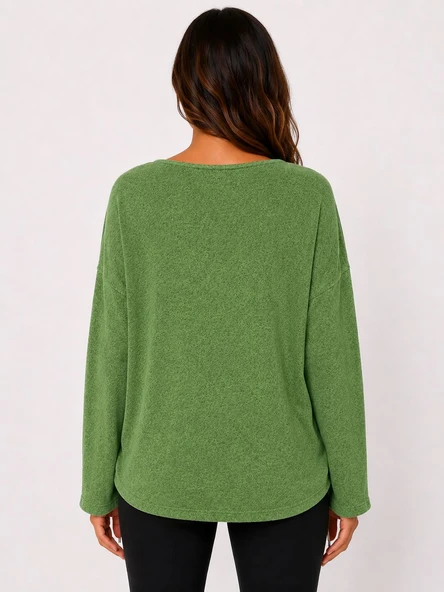 Kadın Yeşil Baskılı Oversize Triko Bluz - Yeşil - Resim 2