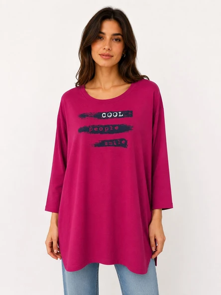 Kadın Oversize Relaxed Pembe Baskılı Tunik Bluz - Pembe ürün görseli 1