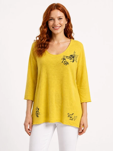 Sarı Kadın Desenli Oversize Triko Bluz - Sarı ürün görseli 1