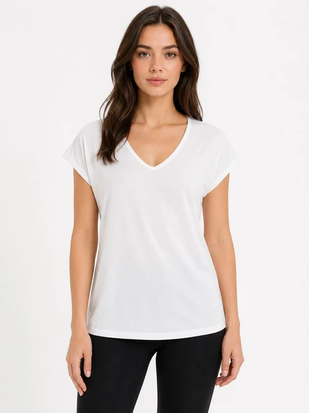 V Yaka Kadın Beyaz Basic T-Shirt - Beyaz ürün görseli 1