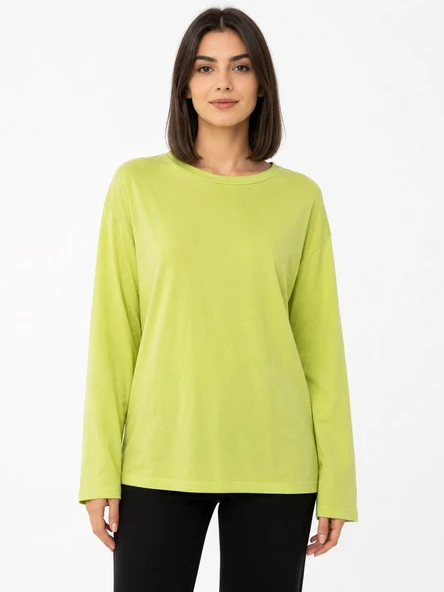 Kadın Oversize Basic Yeşil Uzun Kollu Bluz - Açık Yeşil ürün görseli 1