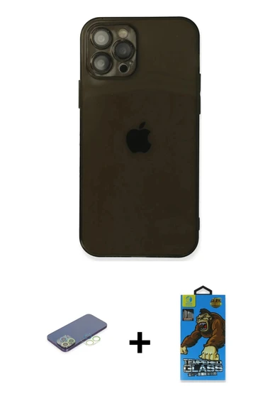 MARSİLYAN™- iPhone 12 Pro Max Kılıf Ahenk Doku - Siyah 18D Cam Ekran Koruyucu + Renkli Kamera Lens Koruma Cam - YL ürün görseli 1