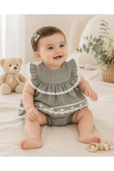 Kız Bebek Dantel Detaylı 2'li Takım – Fırfırlı Bluz ve Bloomer Şort ürün görseli 1
