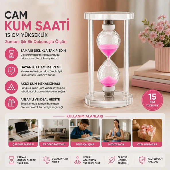 Büyük Boy Cam Standlı Kum Saati - 15 cm Yükseklik - Dekoratif Şık Tasarım ürün görseli 1