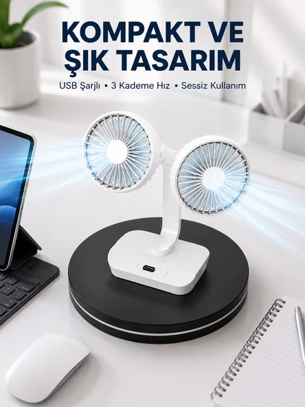 720° Döner Çift Taraflı Masaüstü Vantilatör – USB Şarjlı Sessiz Fan ürün görseli 1