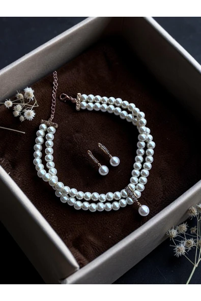 Zirkon Taşlı Tasma Choker İnci Kolye ve İnci Küpe Seti Düğün Nikah Kına ürün görseli 1