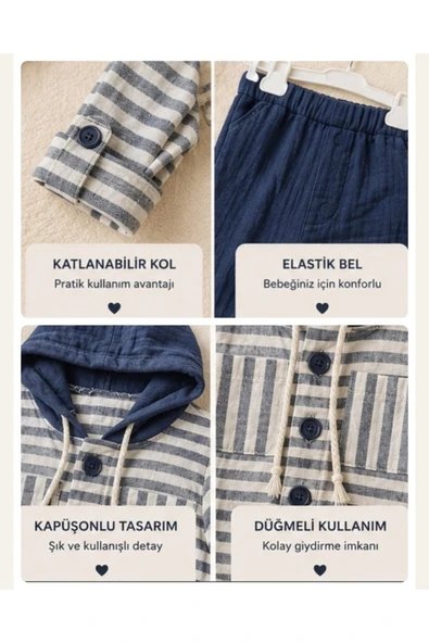 Erkek Bebek Kapüşonlu Müslin Takım - Çizgili Gömlek ve Pantolon Seti ürün görseli 1