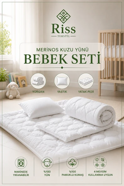 Riss Tekstil %100 Yün Dolgulu Bebek Uyku Seti Yün Yorgan + Yün Yatak Pedi + Yün Yastık ürün görseli 1
