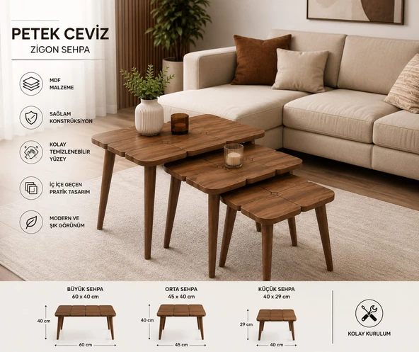 Petek Ceviz Zigon Sehpa Takımı (3’lü) ürün görseli 1