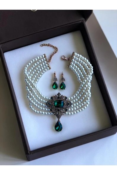 Baget Ve Su Damlası inci Choker Kolye ve Küpe Seti ürün görseli 1
