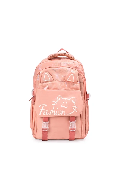 Purinelli Polo Single Kedi Desenli Holografik Kalemlikli Çok Gözlü Çocuk Okul Sırt Çantası Pudra Pembe ürün görseli 1