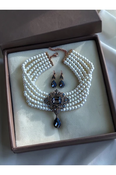 Baget Ve Su Damlası İnci Choker Tasma Kolye ve Küpe Seti ürün görseli 1